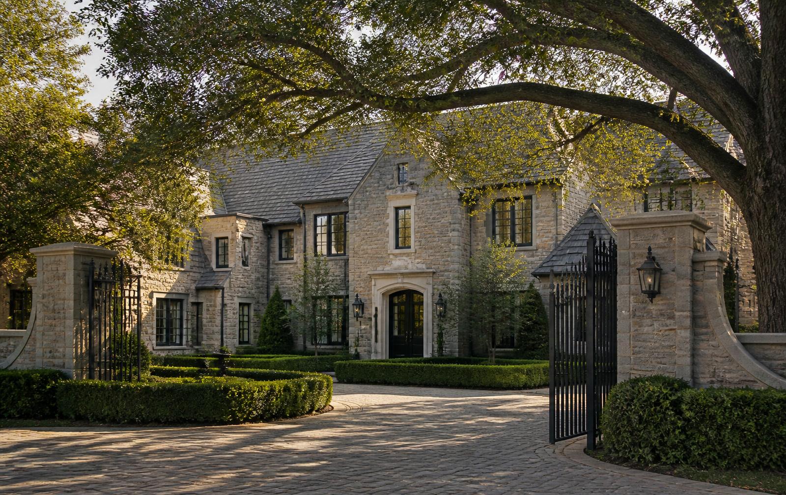 Stone-and-slate European-style Charlotte estate behind an open wrought-iron gate under mature oaks at golden hour