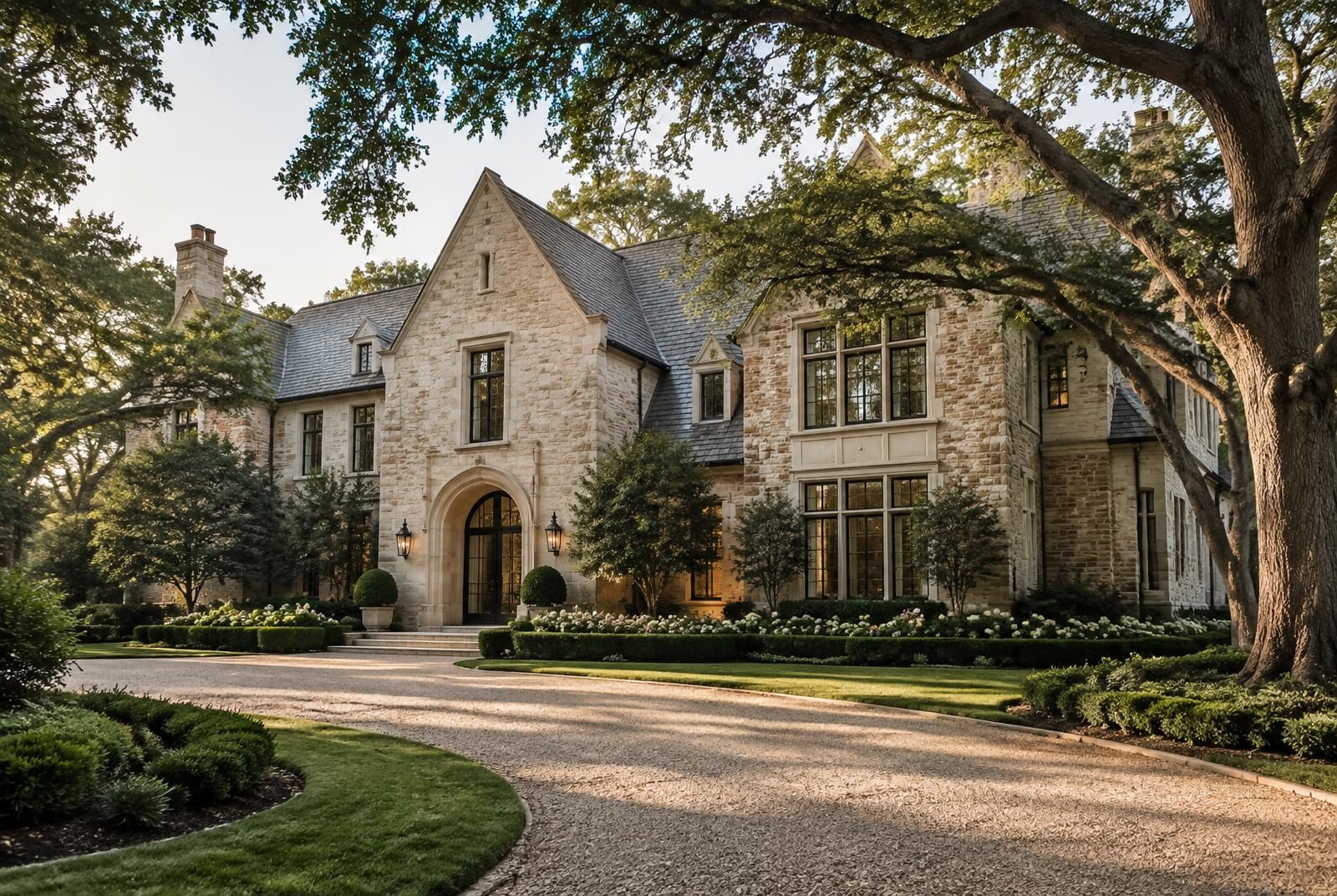 Completed limestone and brick Charlotte estate beneath a mature oak canopy