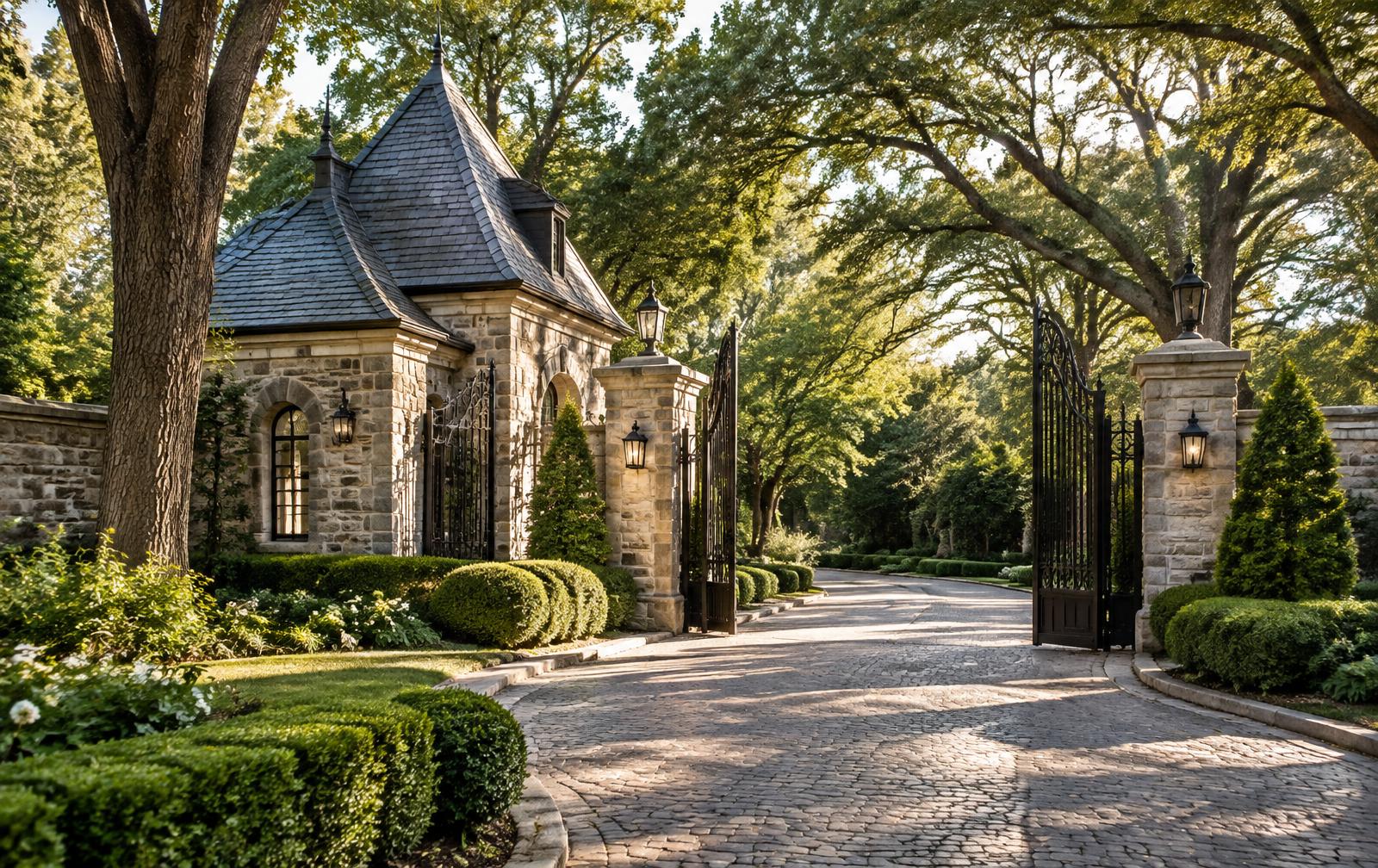 Stone gatehouse and wrought-iron gates at the entrance to a private Charlotte community under oak canopy
