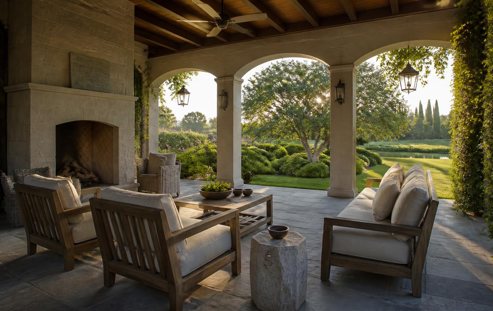 Covered bluestone loggia with limestone fireplace and teak lounge seating at golden hour