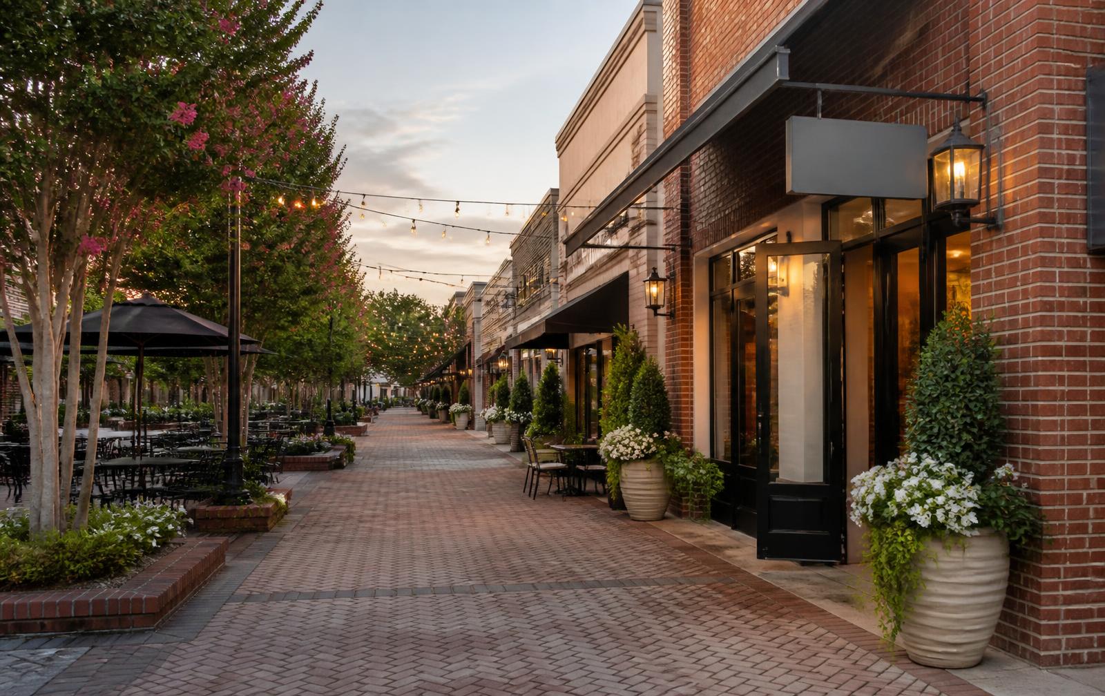 Brick-paved open-air shopping village with awnings, planters and cafe tables at dusk