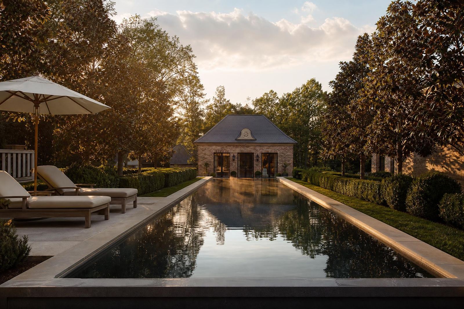 Resort-style estate pool at twilight with fire features