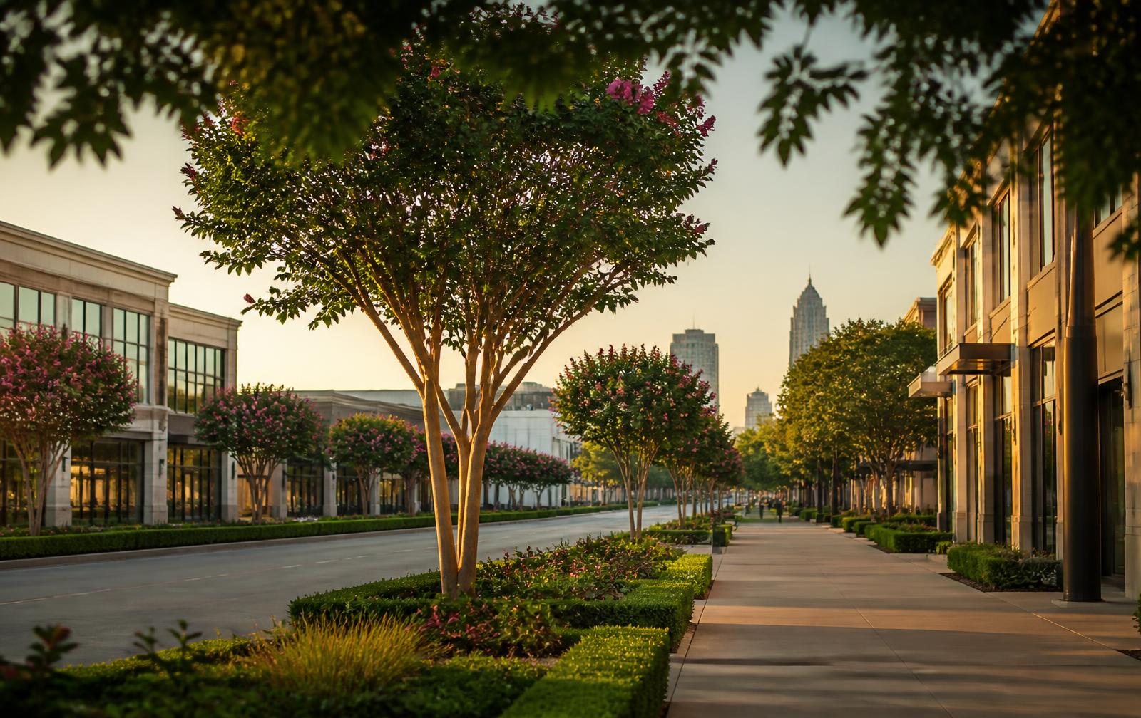 Tree-lined boulevard of low-rise offices and shops in SouthPark, Charlotte at golden hour
